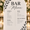 Custom acrylic wedding bar menu sign in white with personalized drink menu