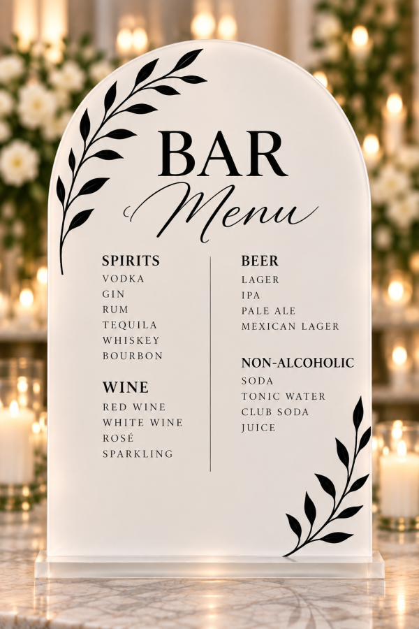 Custom acrylic wedding bar menu sign in white with personalized drink menu