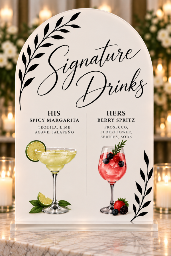Personalized acrylic signature drinks wedding sign with custom cocktails