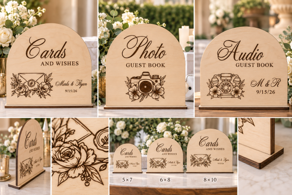 Personalized Wooden Wedding Guest Book Sign – Cards, Photo or Audio