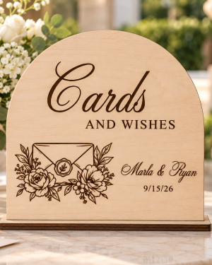 ChatGPT Image Sep 26, 2026, 03_42_11 PM Personalized wooden Cards and Wishes wedding card table sign with floral envelope design