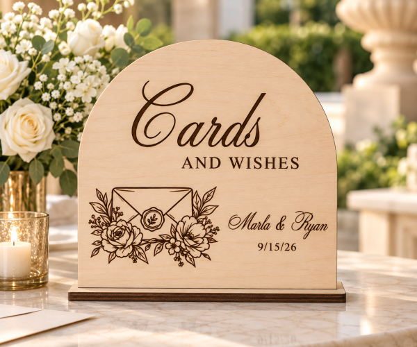 Personalized wooden Cards and Wishes wedding card table sign with floral envelope design