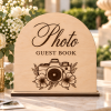 Wooden Photo Guest Book wedding sign with engraved camera and floral design