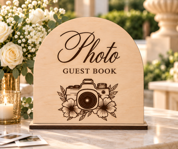 Wooden Photo Guest Book wedding sign with engraved camera and floral design