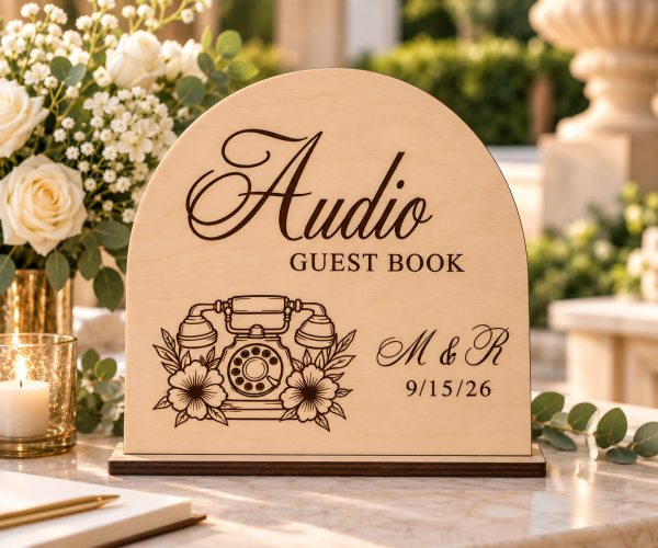 Personalized wooden Audio Guest Book wedding sign with vintage telephone design