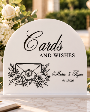 ChatGPT Image Sep 26, 2026, 05_19_24 PM Personalized white acrylic Cards and Wishes wedding guest book sign with floral envelope design