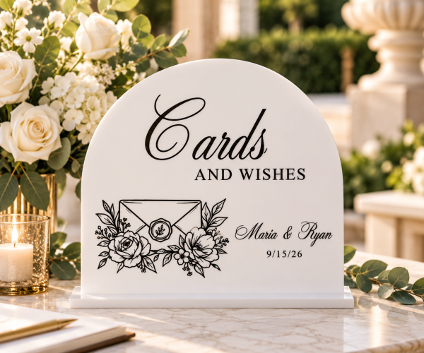 Personalized white acrylic Cards and Wishes wedding guest book sign with floral envelope design