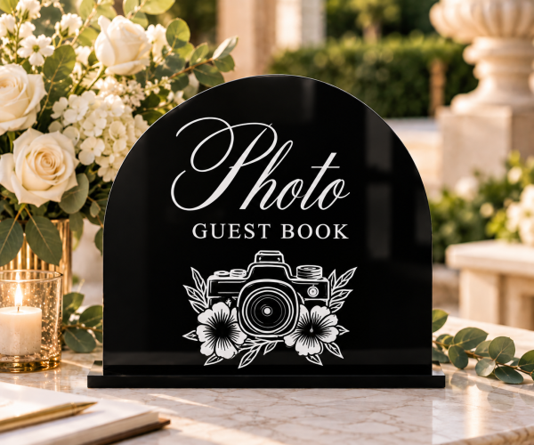 Personalized black acrylic Cards and Wishes wedding sign with white lettering and floral envelope design