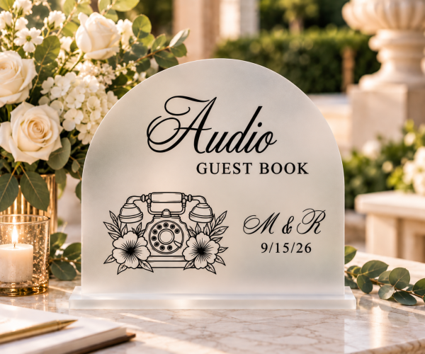 Black acrylic Photo Guest Book wedding sign with camera and floral design