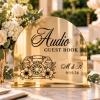Personalized acrylic wedding guest book signs showing Cards and Wishes, Photo Guest Book and Audio Guest Book designs in multiple acrylic finishes