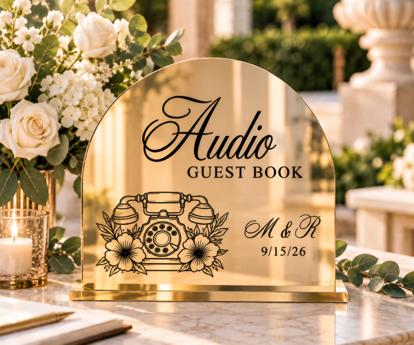 Personalized acrylic wedding guest book signs showing Cards and Wishes, Photo Guest Book and Audio Guest Book designs in multiple acrylic finishes