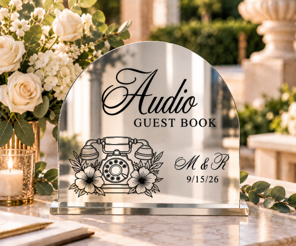 Frosted acrylic Audio Guest Book wedding sign with vintage telephone and personalized initials