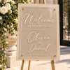 Personalized 18x24 wedding welcome sign with linen wood background clear acrylic front and standoffs