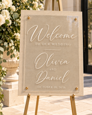 Personalized 18x24 wedding welcome sign with linen wood background clear acrylic front and standoffs