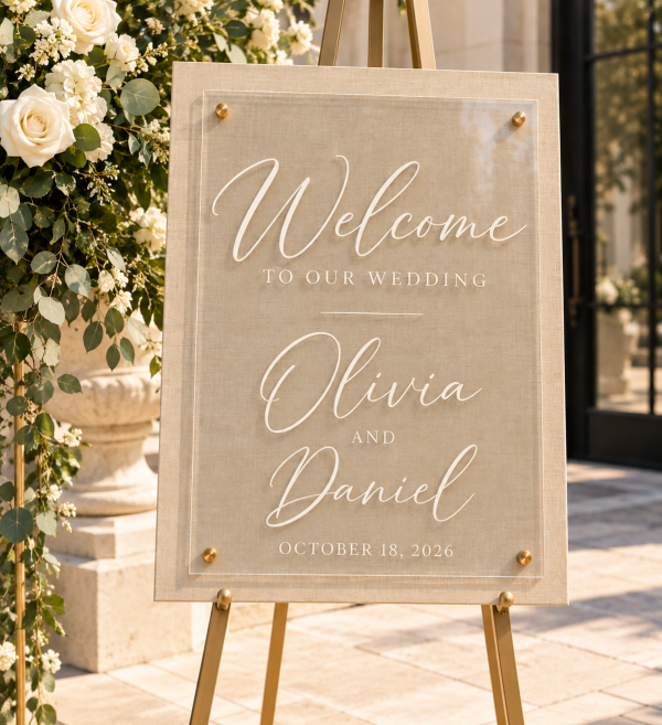 Personalized 18x24 wedding welcome sign with linen wood background clear acrylic front and standoffs