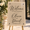 Personalized 18x24 wedding welcome sign with black wood background clear acrylic front and standoffs