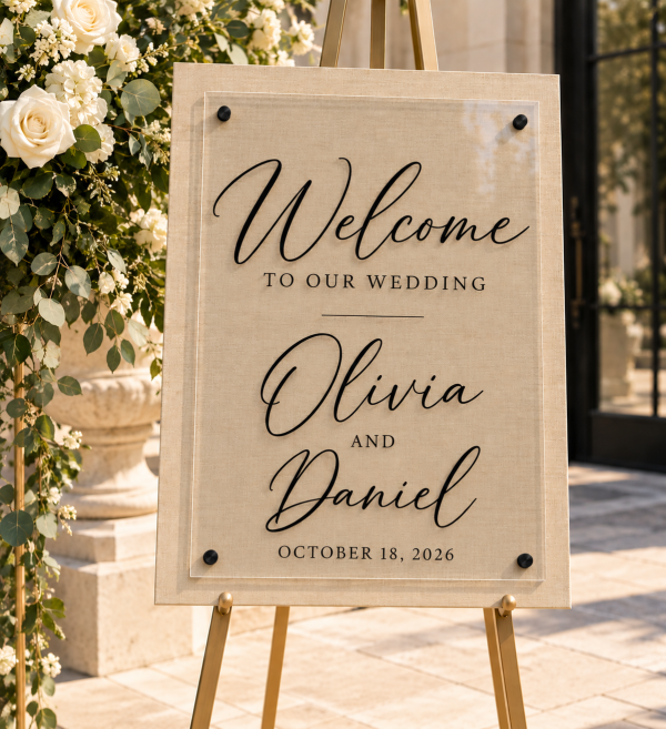 Personalized 18x24 wedding welcome sign with black wood background clear acrylic front and standoffs