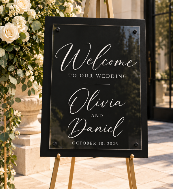 Personalized 18x24 wedding welcome sign with white wood background clear acrylic front and standoffs