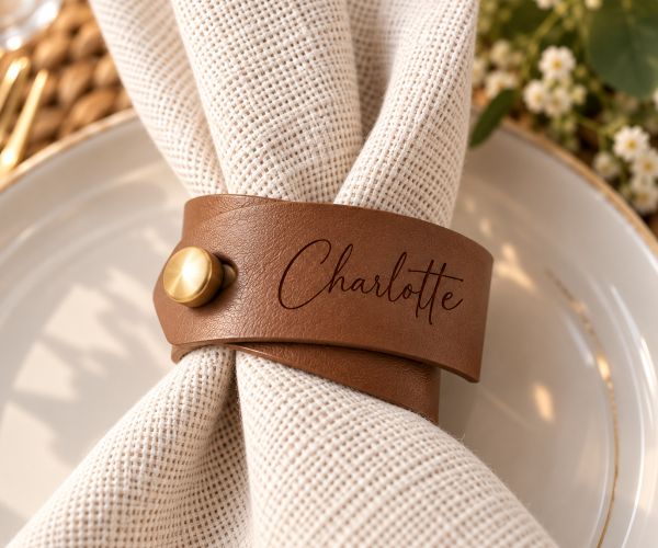 Charlotte Leather Napkin Ring Brown faux leather napkin ring engraved with Charlotte and finished with a gold button on a white wedding napkin