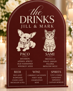 Personalized acrylic wedding bar menu sign with custom pet portraits