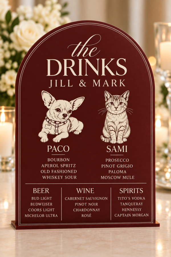 Personalized acrylic wedding bar menu sign with custom pet portraits