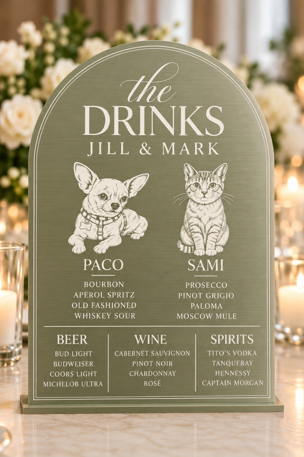 Personalized acrylic wedding bar menu with pet illustrations
