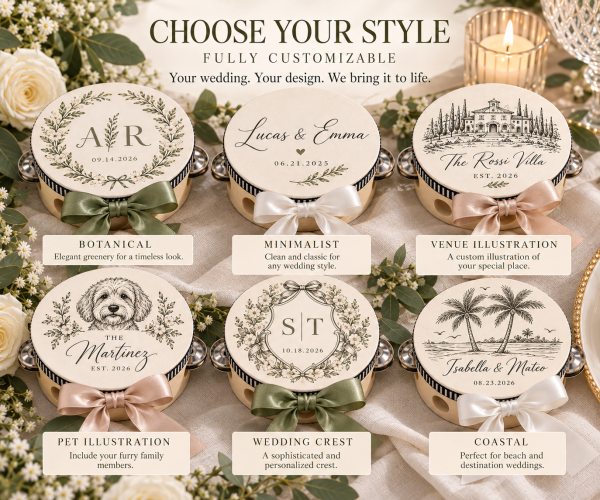 Personalized Wedding Tambourines, Custom Guest Favors for Reception & Send Off, Optional White Ribbon