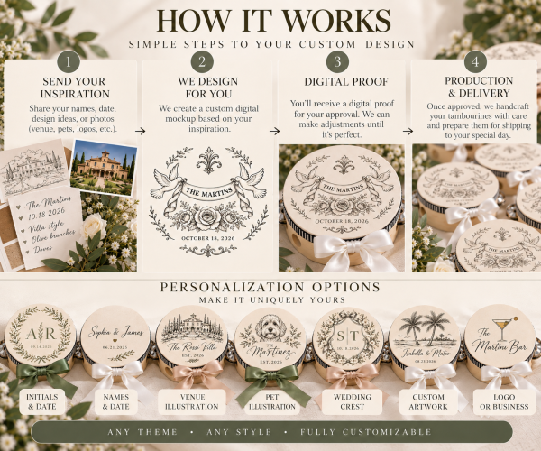 Personalized Wedding Tambourines, Custom Guest Favors for Reception & Send Off, Optional White Ribbon