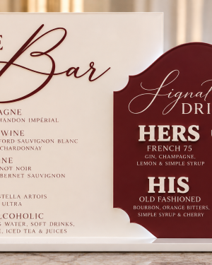 Personalized acrylic wedding bar menu and signature drinks sign set