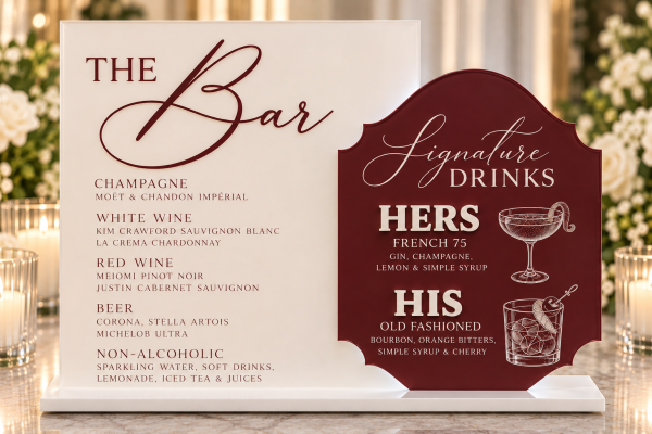 Elegant Burgundy Signature Bar Menu Personalized acrylic wedding bar menu and signature drinks sign set