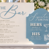 Elegant Quench Blue Wedding Bar Sign Burgundy acrylic wedding bar menu with 3D white HERS and HIS lettering