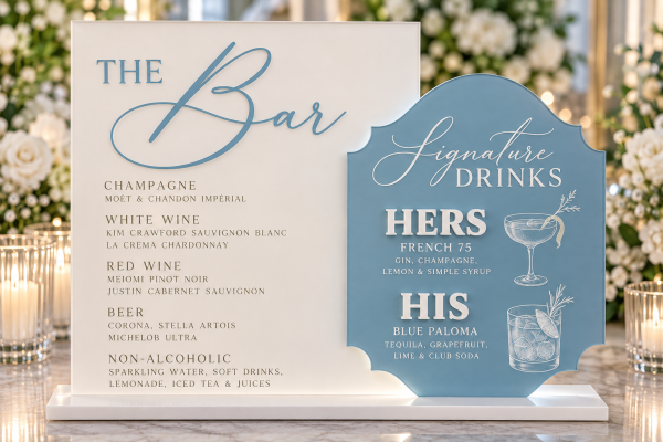 Elegant Quench Blue Wedding Bar Sign Burgundy acrylic wedding bar menu with 3D white HERS and HIS lettering