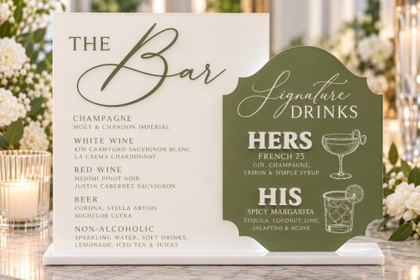 Elegant Wedding Bar Menu Sign Custom acrylic wedding signature drinks sign with elegant cocktail illustrations