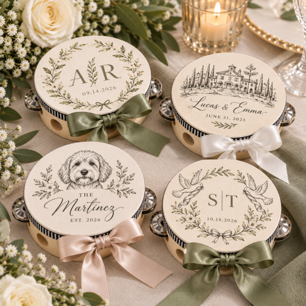 Personalized Wedding Tambourines, Custom Guest Favors for Reception & Send Off, Optional White Ribbon