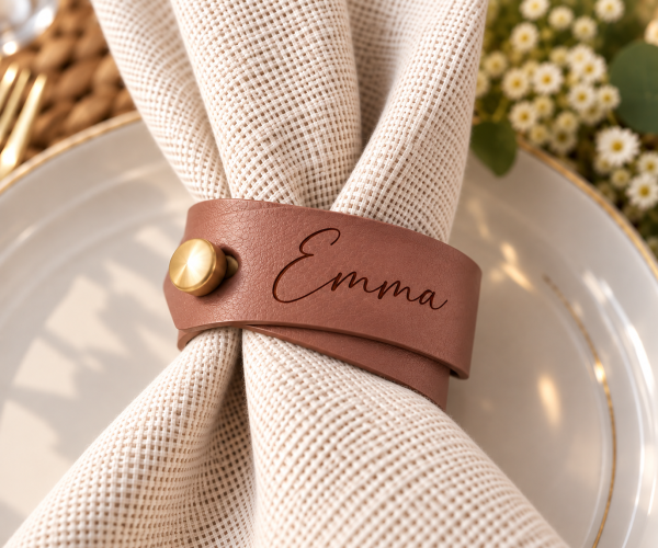 Emma Leather Napkin Ring Elegance Brown faux leather napkin ring engraved with Emma and finished with a gold button on a white napkin