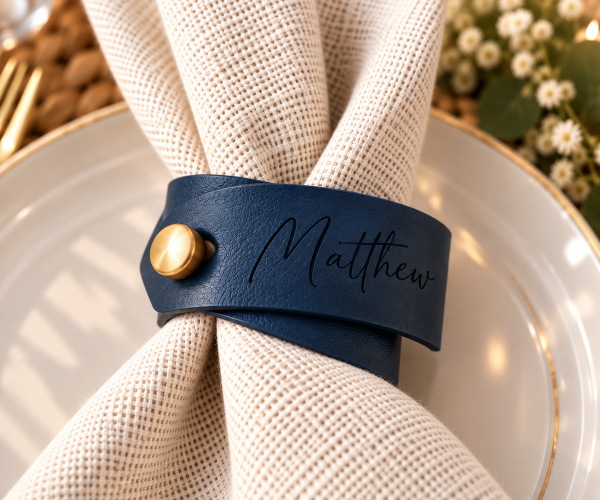 Matthew Navy Leather Napkin Ring Indigo faux leather napkin ring engraved with Matthew and finished with a gold button on a white wedding napkin