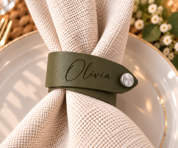 Olivia napkin ring with brushed silver button OD Green faux leather napkin ring engraved with Olivia and finished with a silver button on a white napkin