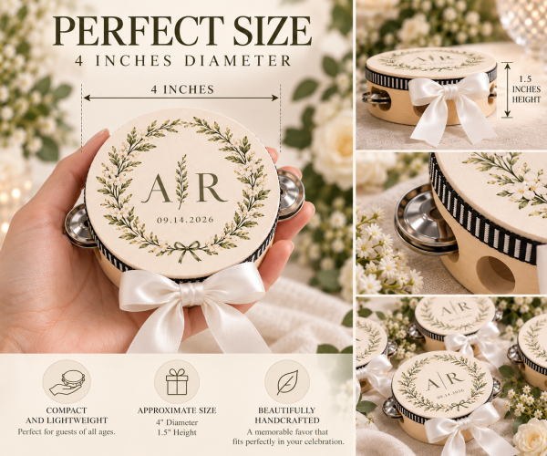 Personalized Wedding Tambourines, Custom Guest Favors for Reception & Send Off, Optional White Ribbon
