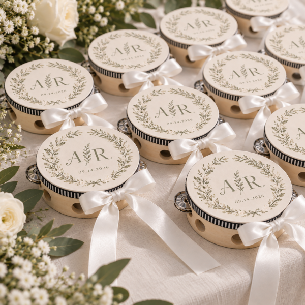 Personalized Wedding Tambourines, Custom Guest Favors for Reception & Send Off, Optional White Ribbon