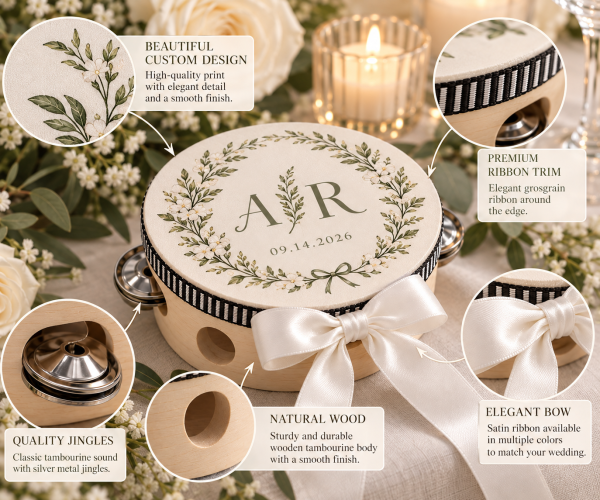 Personalized Wedding Tambourines, Custom Guest Favors for Reception & Send Off, Optional White Ribbon