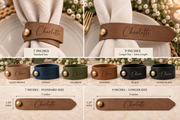 Personalized Leather Napkin Ring Size Guide Personalized faux leather napkin ring size guide comparing 7 x 1.25 inch short and 9 x 1.25 inch long styles