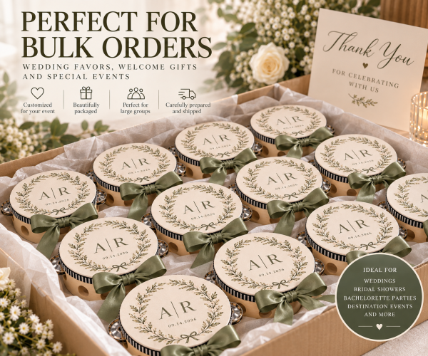 Personalized Wedding Tambourines, Custom Guest Favors for Reception & Send Off, Optional White Ribbon
