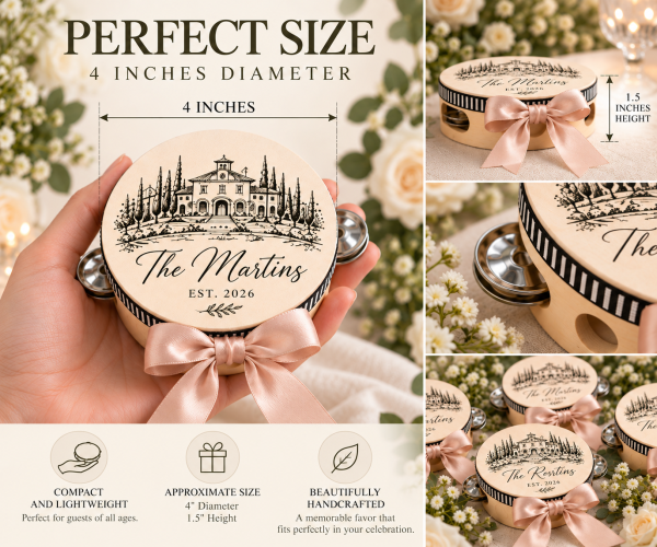 Personalized Wedding Tambourines, Custom Guest Favors for Reception & Send Off, Optional White Ribbon
