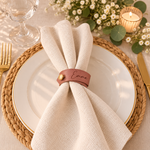 Rustic Chic “Emma” Place Setting Wedding place setting with a personalized Emma faux leather napkin ring, white napkin and woven charger