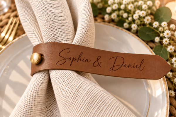 Sophia & Daniel Wedding Napkin Ring Long brown faux leather napkin ring engraved with Sophia & Daniel on a white wedding napkin
